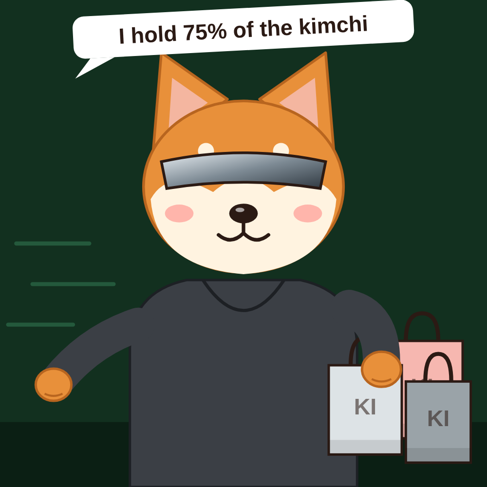 Ki in visor sunglasses carrying KI shopping bags, saying I hold 75% of the kimchi